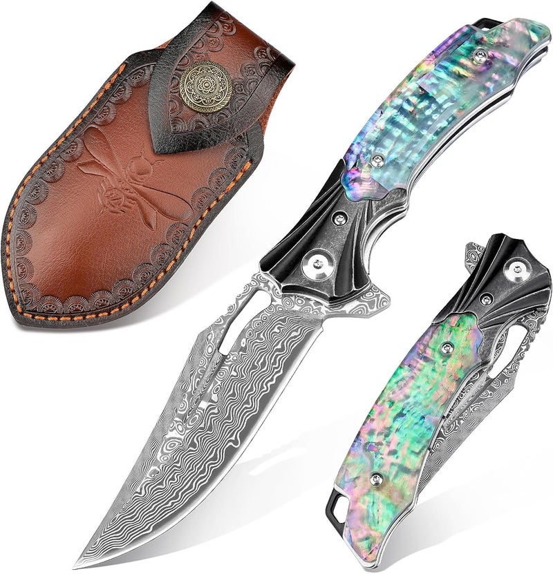Zingbee Damascus Pocket Knife for Women, 3.15" VG10 Damascus Steel Blade EDC Folding Knife with Sheath, Abalone Shells Handle, Ideal Gifts for Woman Men - Image 1